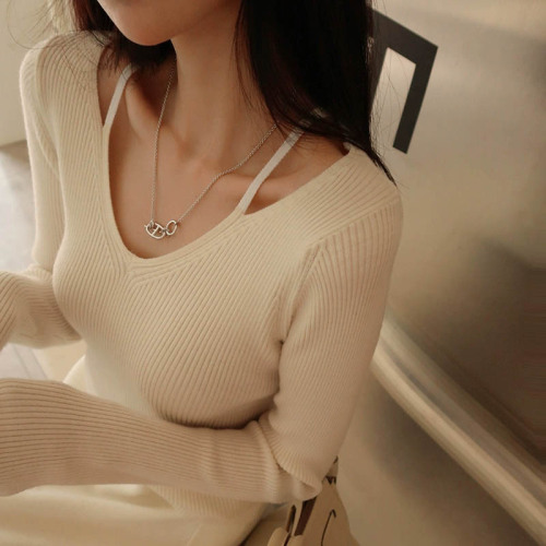 Korean style pure fishing style niche hollow suspender knitted sweater for women in autumn V-neck slim bottoming shirt with western style