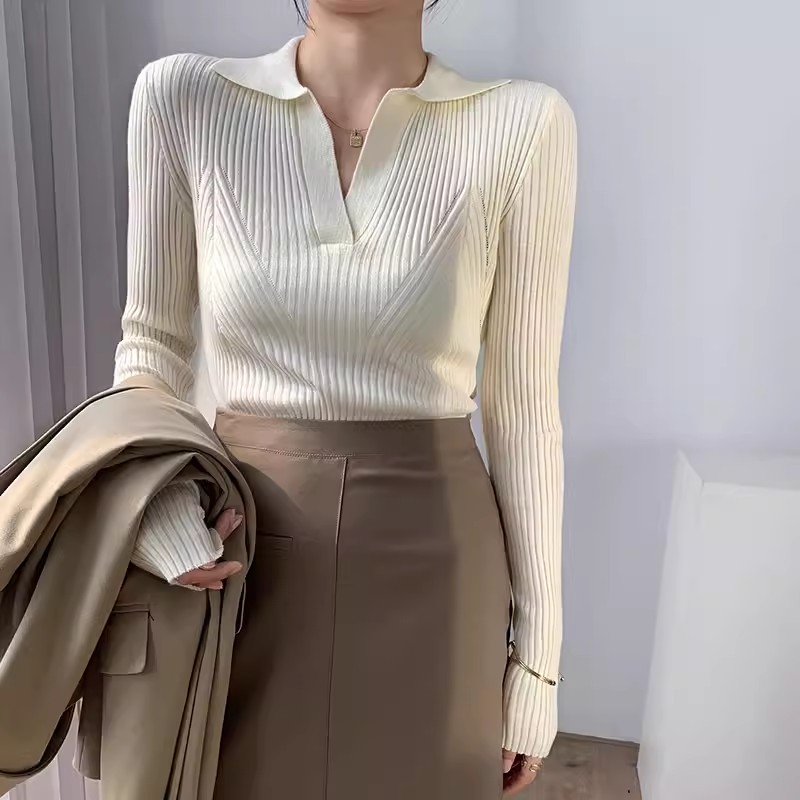 V-neck cardigan women's bottoming shirt women's spring and autumn 2023 new white polo sweater women's low-neck top