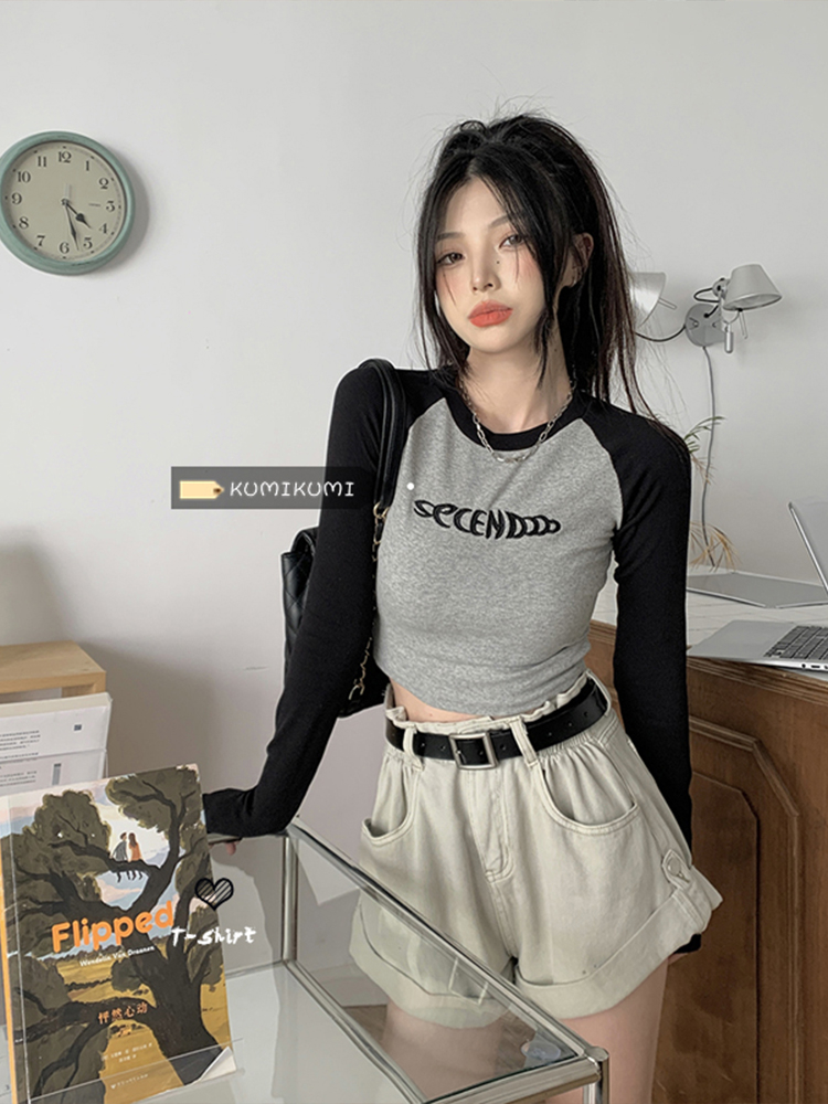 美式復古短款長袖T恤小眾修身顯瘦打底衫秋季辣妹內搭bm上衣女潮