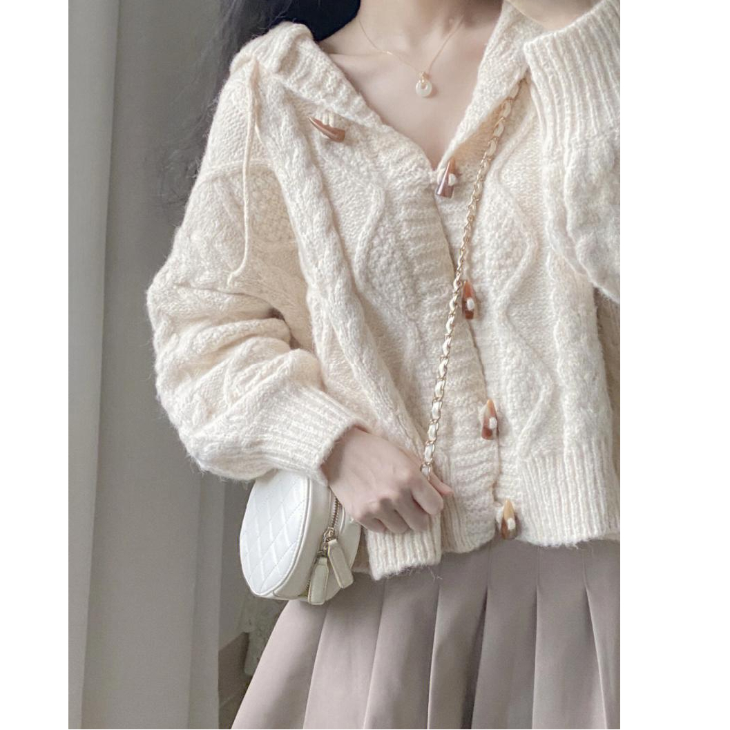 White horn button hooded twist knitted cardigan for women autumn soft waxy sweater coat Korean retro short top