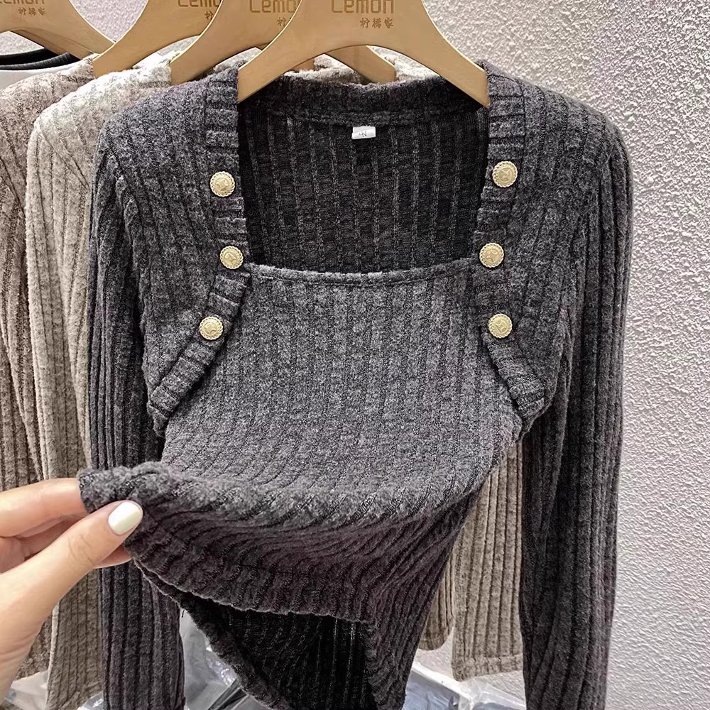French square neck long-sleeved sweater women's autumn 2023 new high-end slim slim short chic top