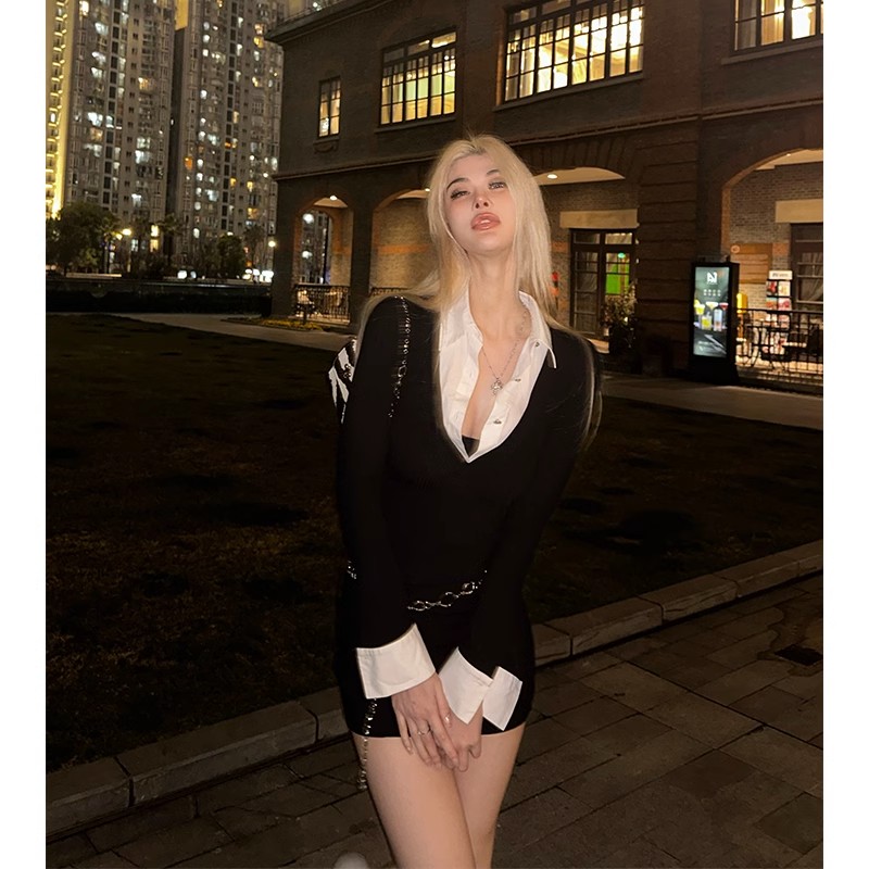 Fake two-piece black shirt long-sleeved autumn and winter dress for women early autumn mature style hot girl slim sexy slim short skirt