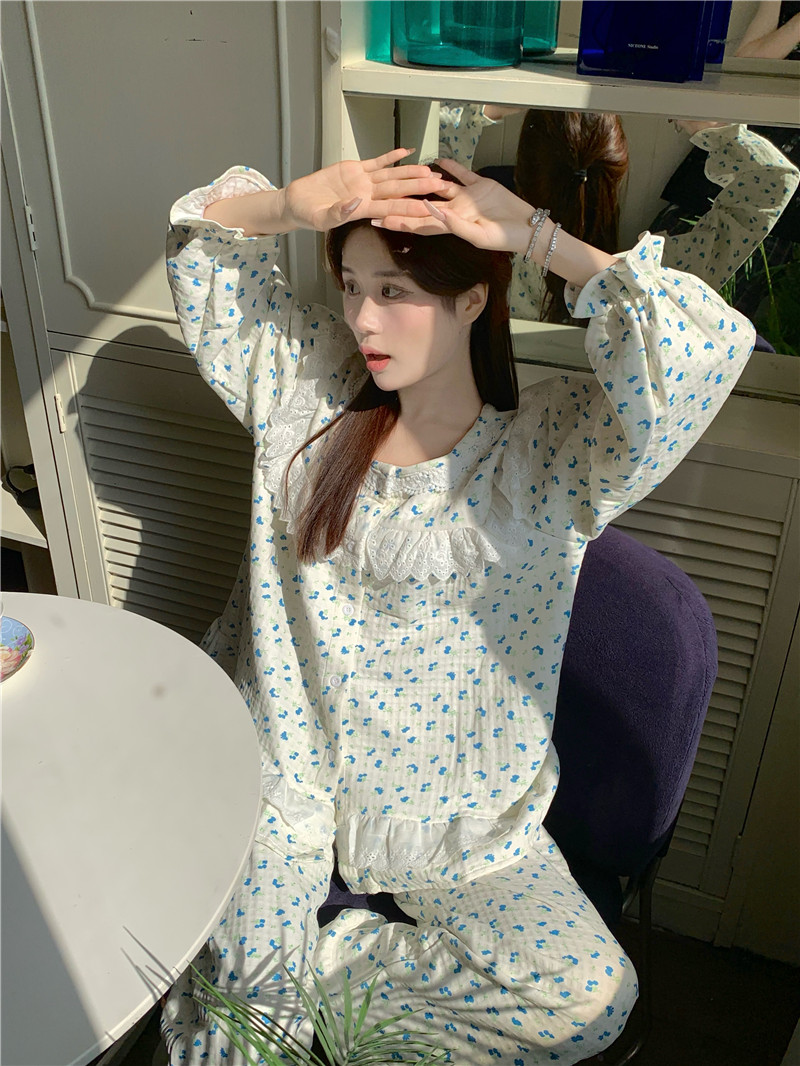 實拍韓版冬季加厚保暖華夫格太空棉寬鬆甜美公主風家居服套裝