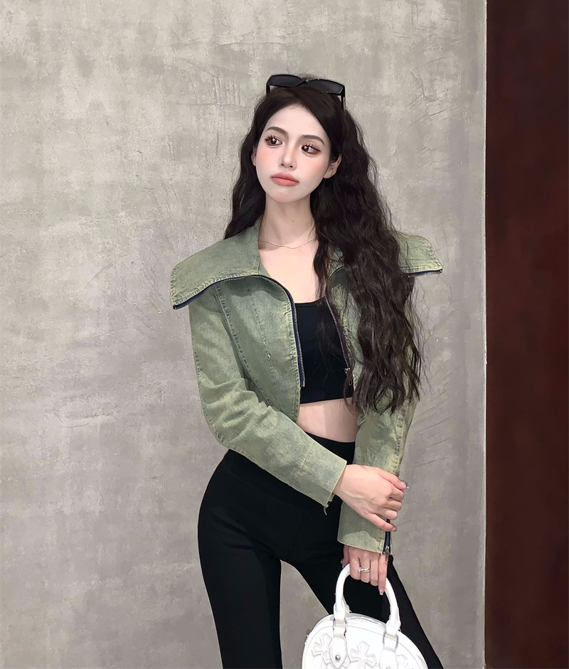 實拍 純欲辣妹小個子美式復古翻領夾克短款牛仔外套上衣女