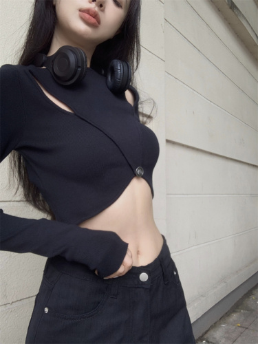 Black hollow long-sleeved sweater for women in autumn hot girl high-waist navel-baring sweater short bottoming top