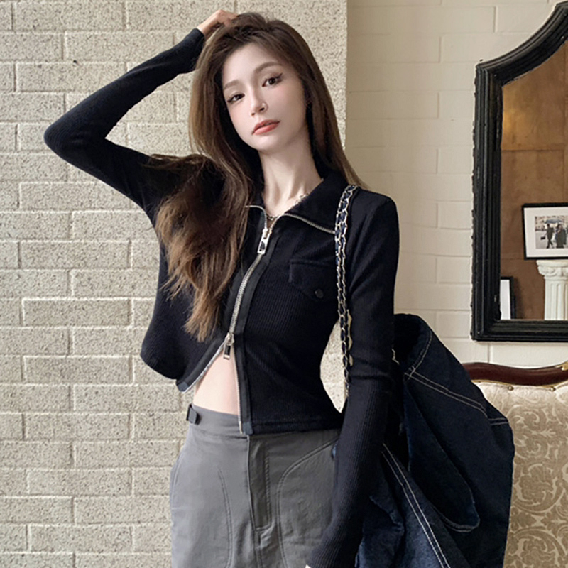 雙拉鏈長袖T恤女裝秋季氣質韓版新款修身顯瘦休閒時尚打底POLO衫