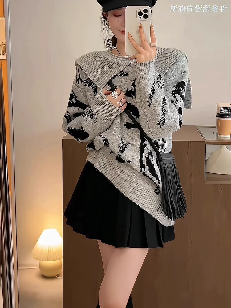 設計感小眾翻領毛衣女秋冬2023新款韓版時尚寬鬆顯瘦小個子上衣潮