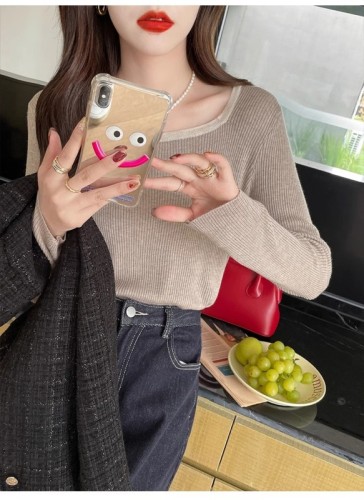 Knitted sweater for women spring and autumn  early autumn top square collar French long-sleeved bottoming shirt with white loose sweater underneath