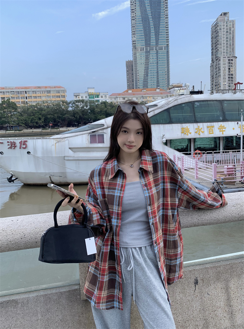 實拍 學院風復古寬鬆休閒長袖外套格子襯衣