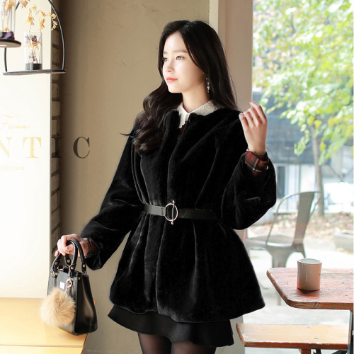 Korean version 2023 autumn and winter new mid-length imitation fur rex rabbit coat for women with loose bell sleeves and belt