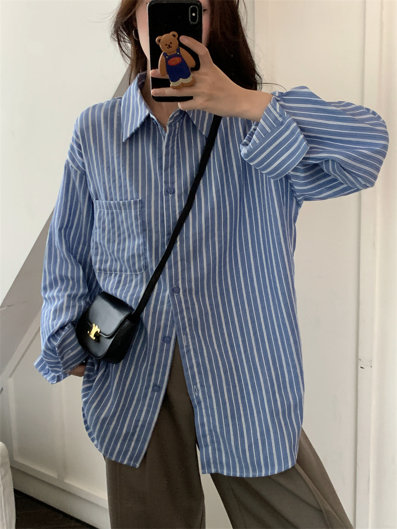 春秋裝鹽系chic藍色條紋襯衫女寬鬆休閒慵懶風薄款防曬衣外套上衣