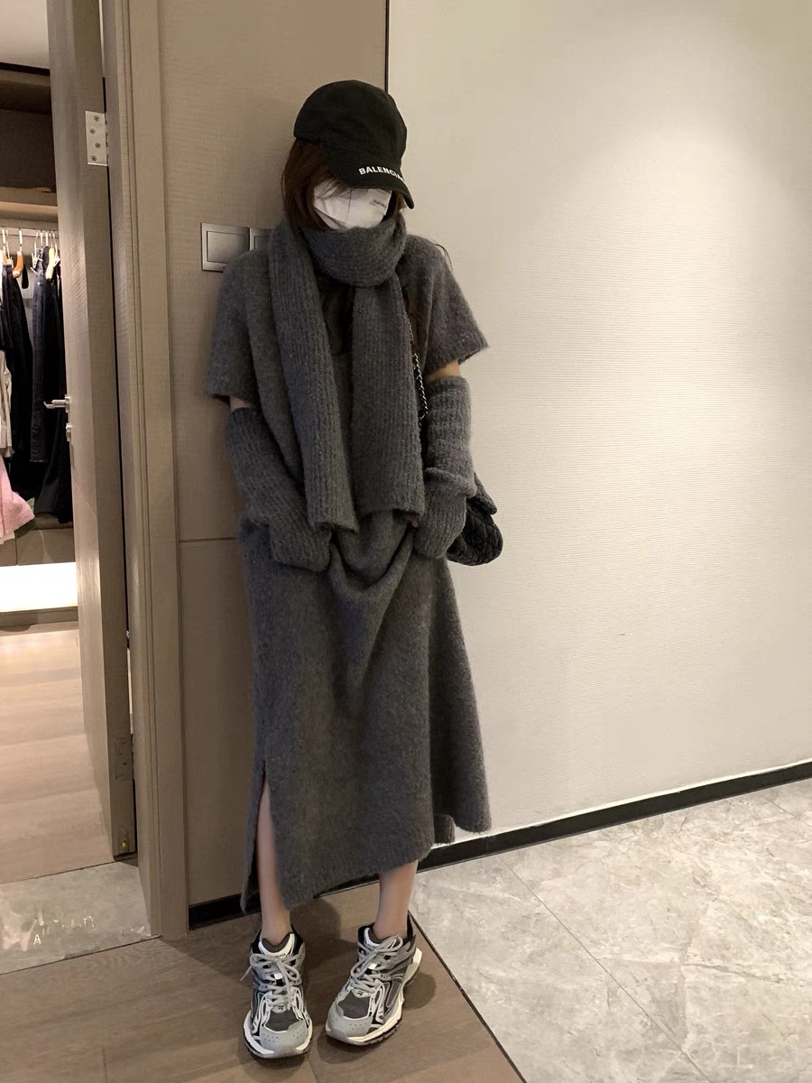 OHLABABY lazy wool bouclé scarf sleeves knitted dress over the knee long skirt three-piece set for autumn and winter