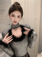 Actual shot. Designed big U-neck collar, furry hollow, slim fit, long sleeves.