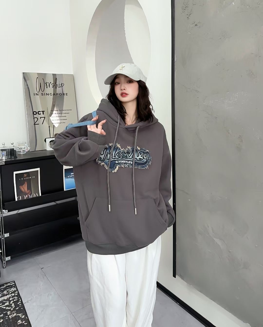 牛仔貼布連帽衛衣女2023秋冬加絨厚款美式復古寬鬆潮牌刺繡衛衣