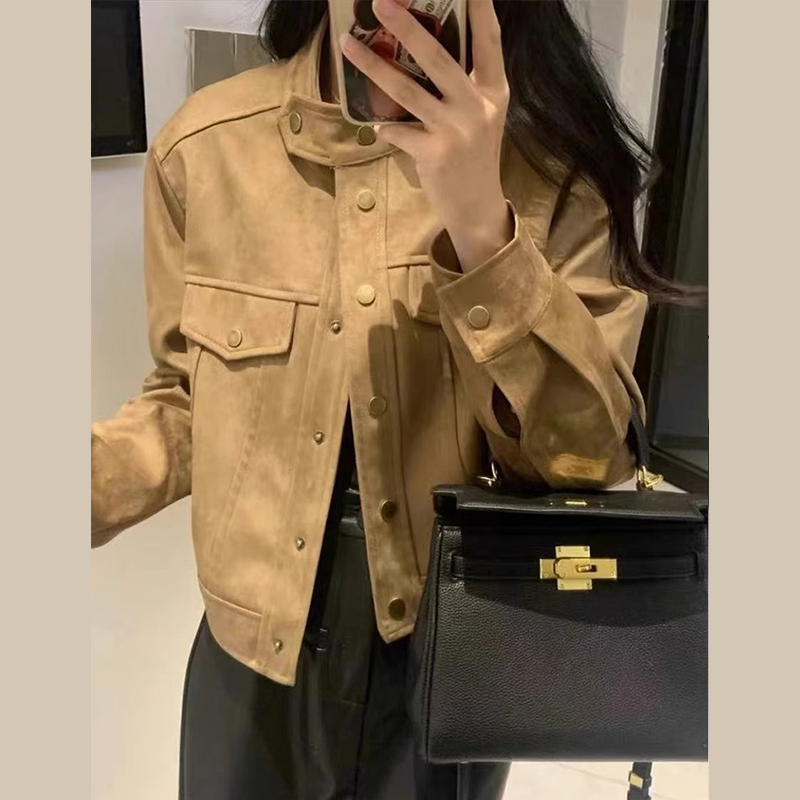 美式復古仿麂皮絨夾克外套女裝春秋季2023新款小眾設計感寬鬆上衣
