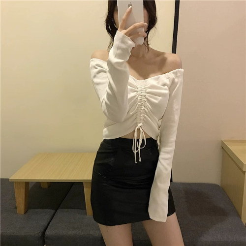 Chic internet celebrity clavicle top one-line off-shoulder V-neck slim design long-sleeved drawstring scheming niche T-shirt women's autumn