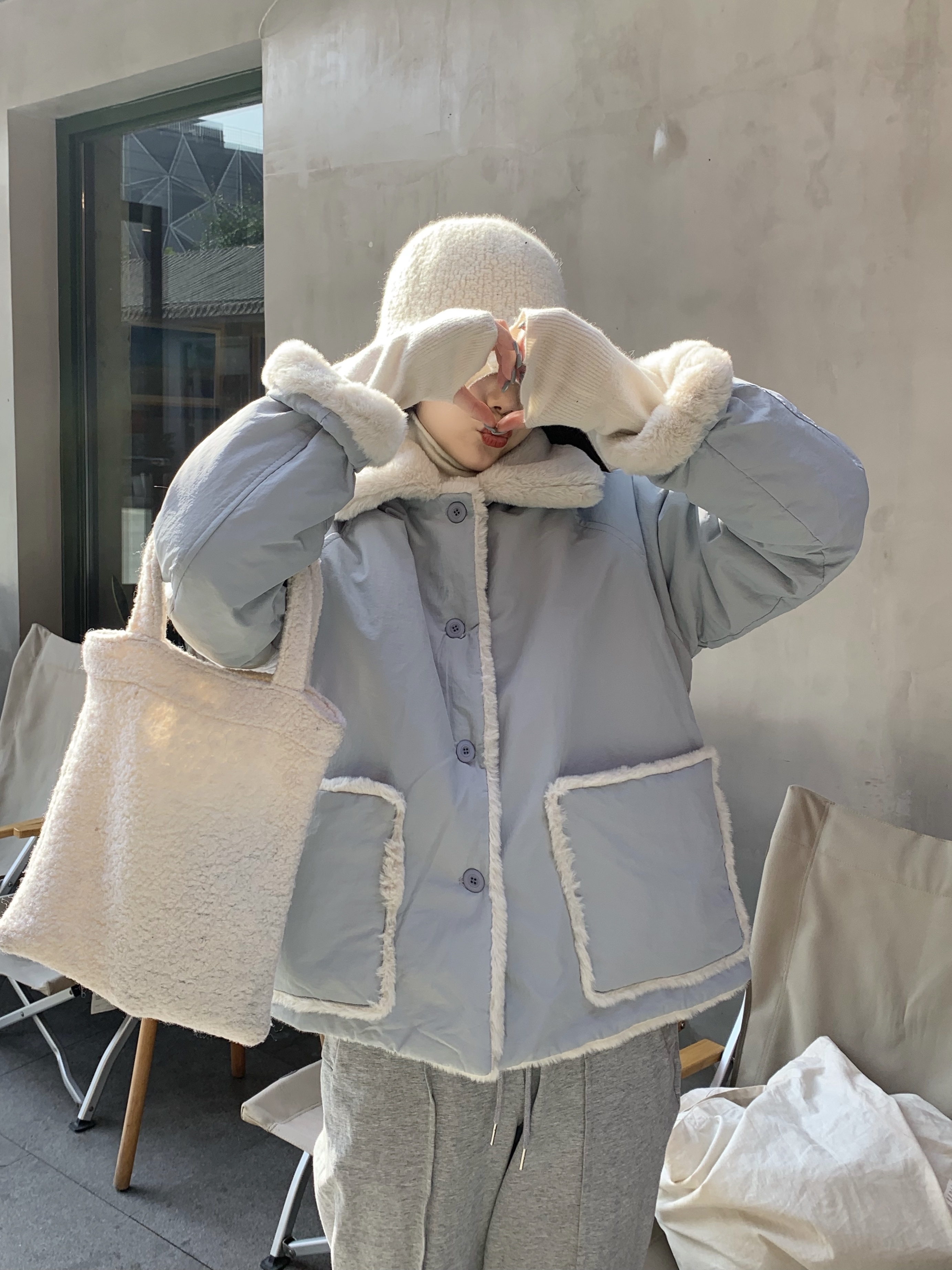 實拍加厚保暖正反兩穿口袋棉服