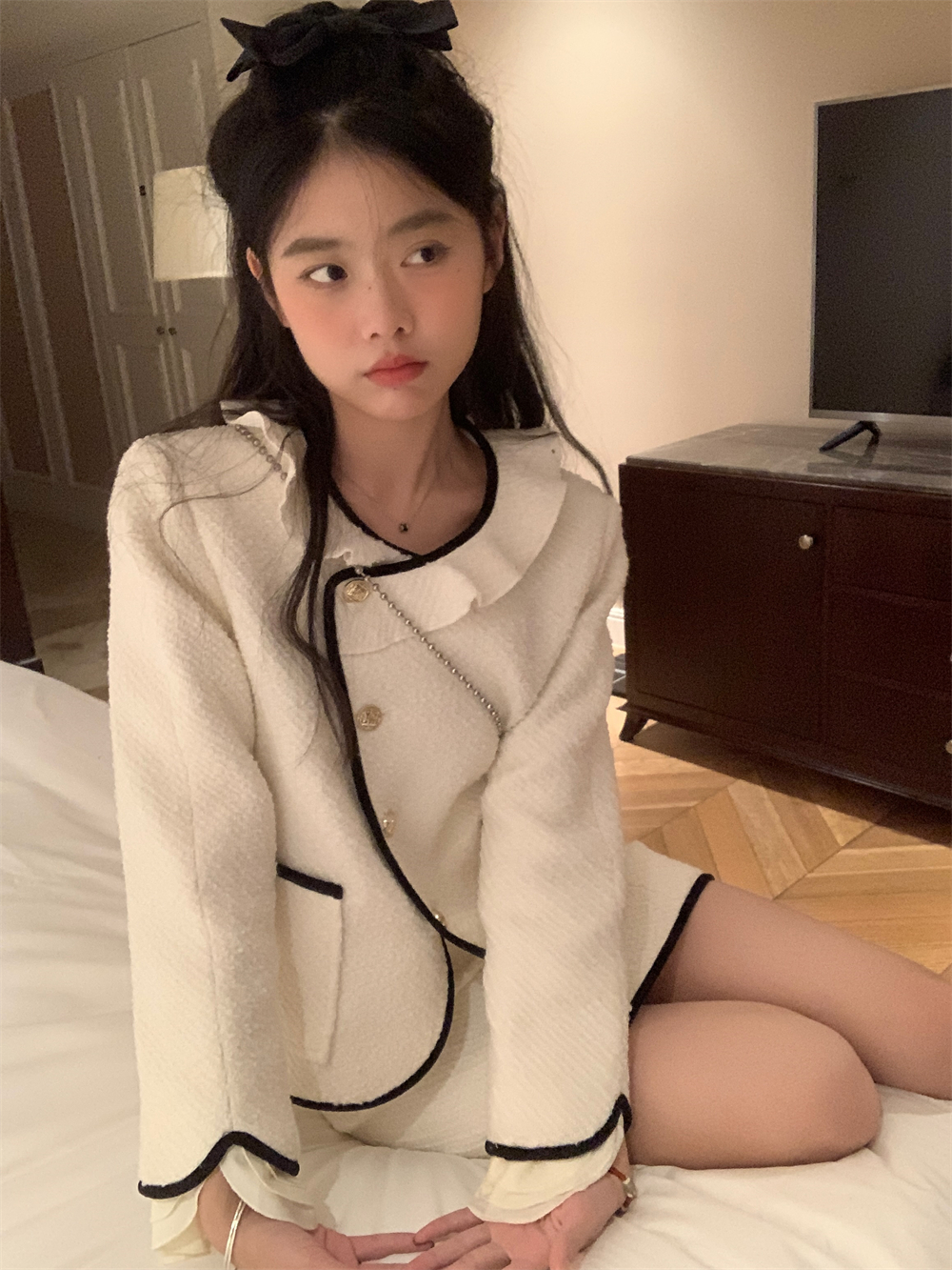 實拍法式粗毛呢白色小香風外套半身裙套裝女