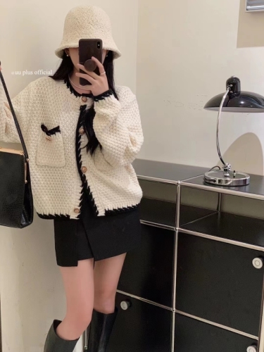 Autumn new style Korean style solid color temperament small fragrance contrasting color block single breasted cashmere sweater cardigan jacket for women