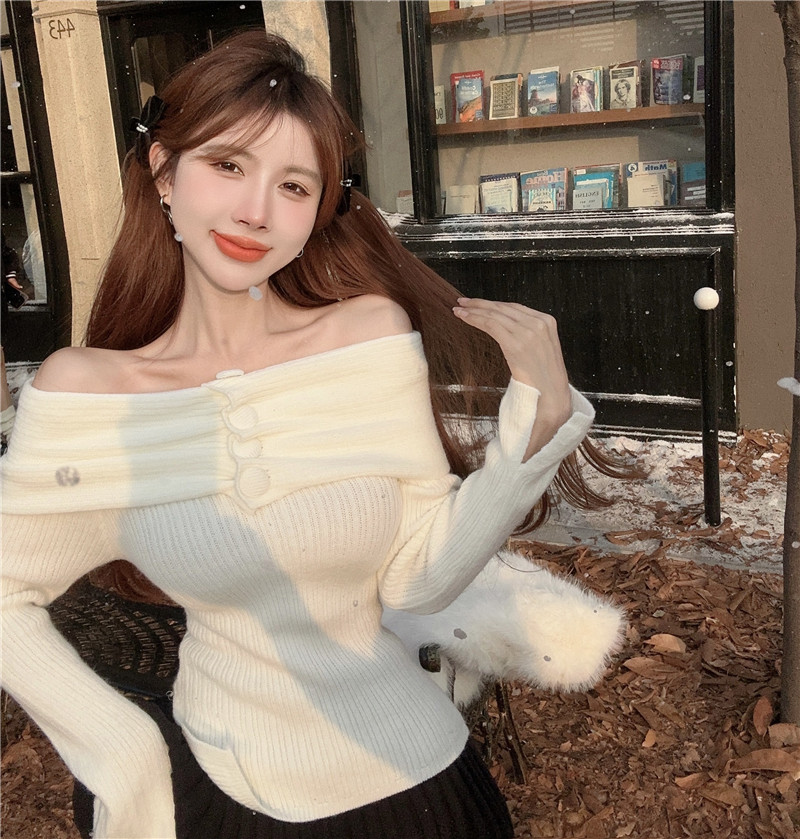 翻領毛衣女秋冬高級感純欲辣妹性感一字肩開叉上衣內搭針織打底衫