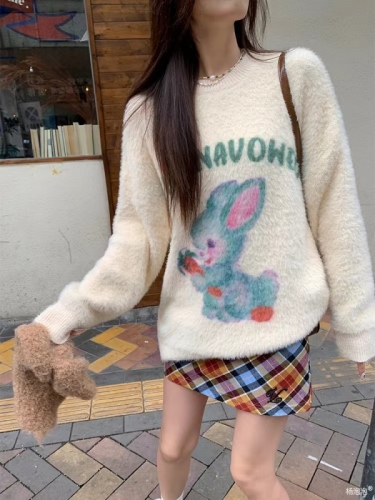 杨泡泡 可爱兔子毛绒针织套头上衣+格子半身裙套装印花毛衣两件套