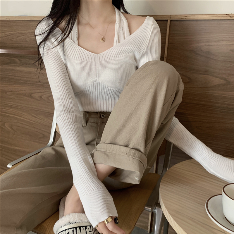 實拍 新款顯瘦掛脖假兩件長袖針織衫上衣女