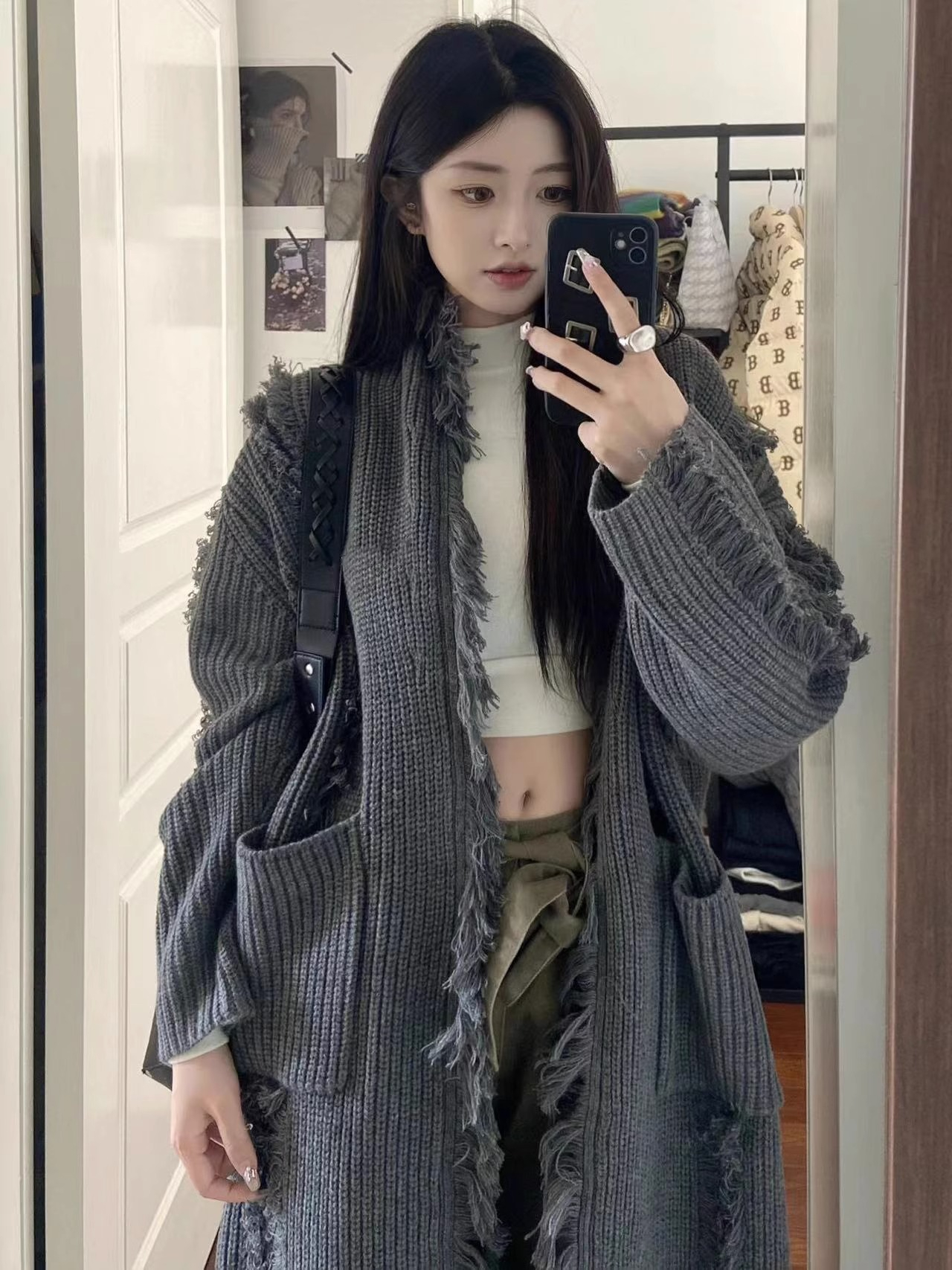 流蘇開衫毛衣女秋冬中長款小眾設計感時尚軟糯慵懶風針織外套大衣