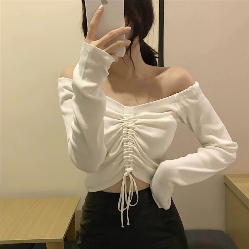 Chic internet celebrity clavicle top one-line off-shoulder V-neck slim design long-sleeved drawstring scheming niche T-shirt women's autumn