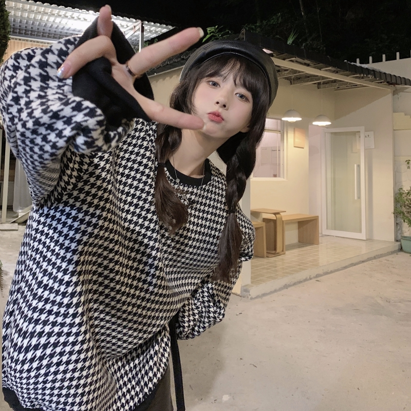 實拍  複合320g 秋冬裝 加絨加厚衛衣女寬鬆千鳥格