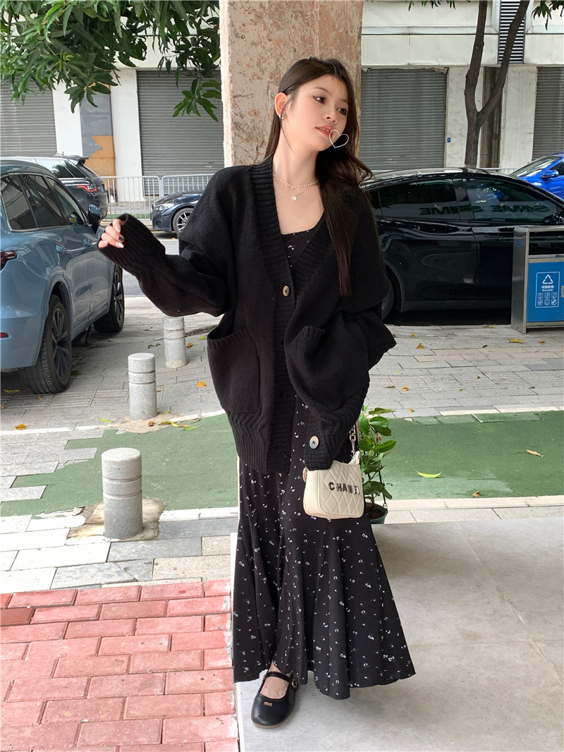 實拍韓系ins寬鬆慵懶風開衫毛衣+碎花吊帶長裙