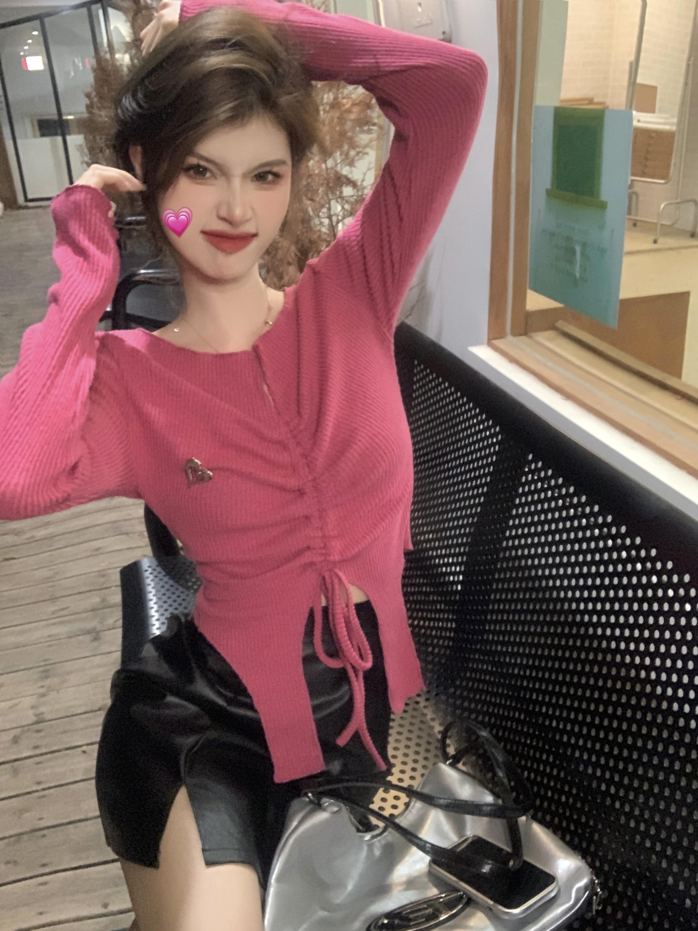 實拍 早秋純欲辣妹小眾抽繩短款修身顯瘦不規則長袖T恤上衣女