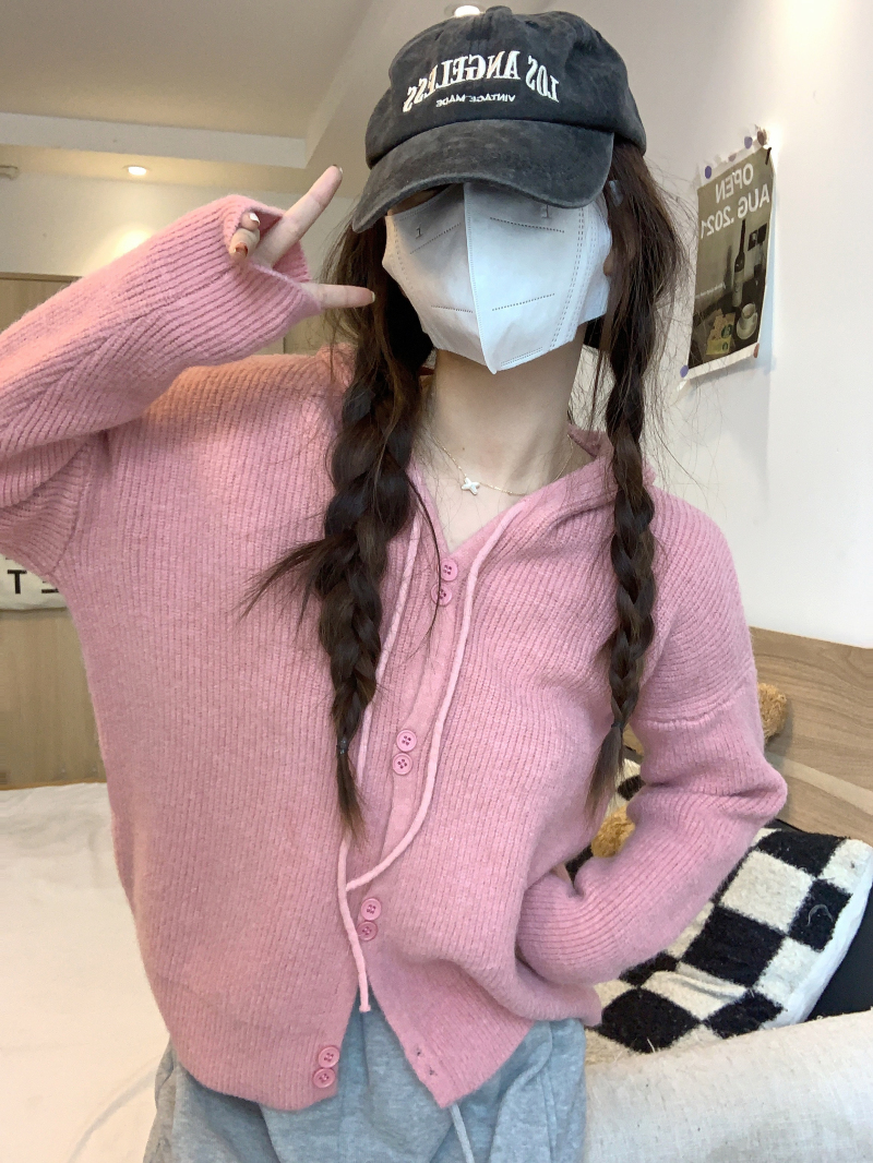 純色連帽針織開衫毛衣外套女秋季2023新款慵懶風寬鬆顯瘦休閒上衣