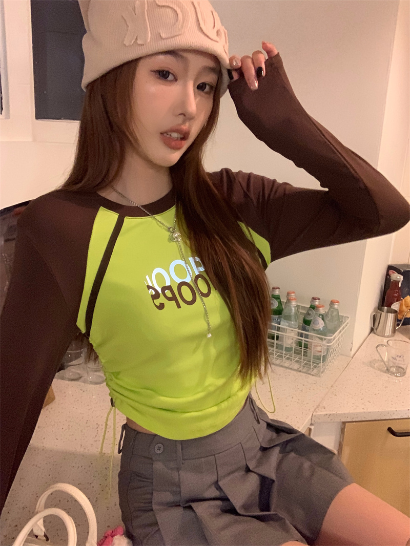 實拍 獨特别致美式復古拼色抽繩甜辣妹打底衫短款上衣設計感小眾