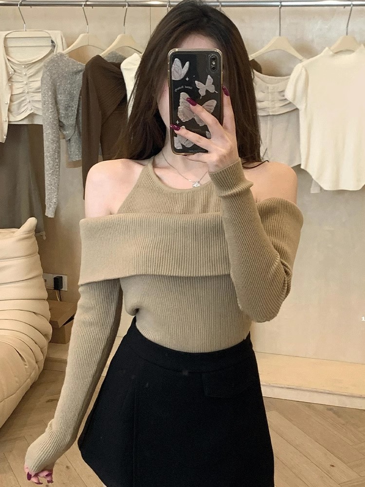 Off-shoulder halterneck long-sleeved sweater early autumn 2023 new women's clothing unique high-end popular sweater this year