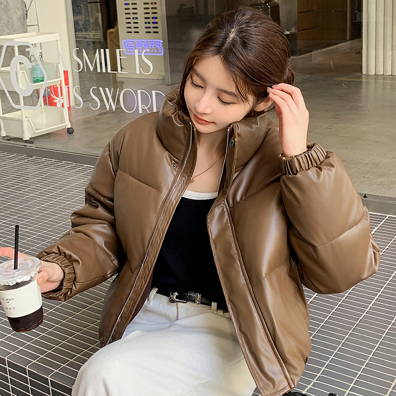 實拍歐美復古pu皮棉服女2023冬新款短款時尚寬鬆小個子麵包服外套