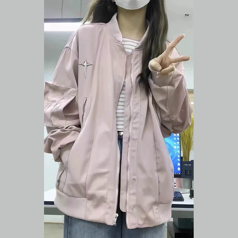 美式粉色棒球服外套女2023新款春秋季小個子高級感夾克衝鋒衣