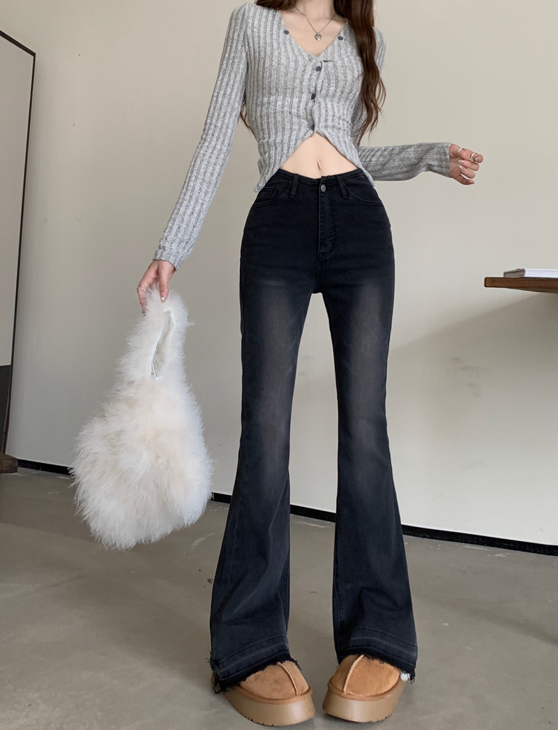 實拍#新款彈力修身牛仔長褲女設計感毛邊馬蹄微喇叭拖地褲子