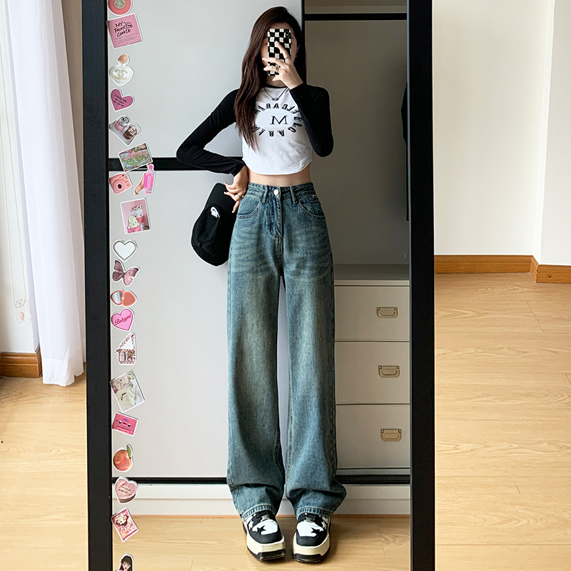 實拍2023秋季時尚闊腿復古高腰顯瘦寬鬆拖地直筒牛仔褲女