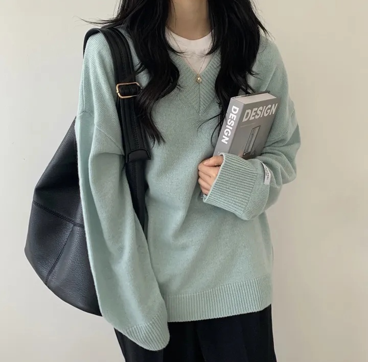 韓國chic寬鬆慵懶毛衣v領套頭純色保暖針織上衣