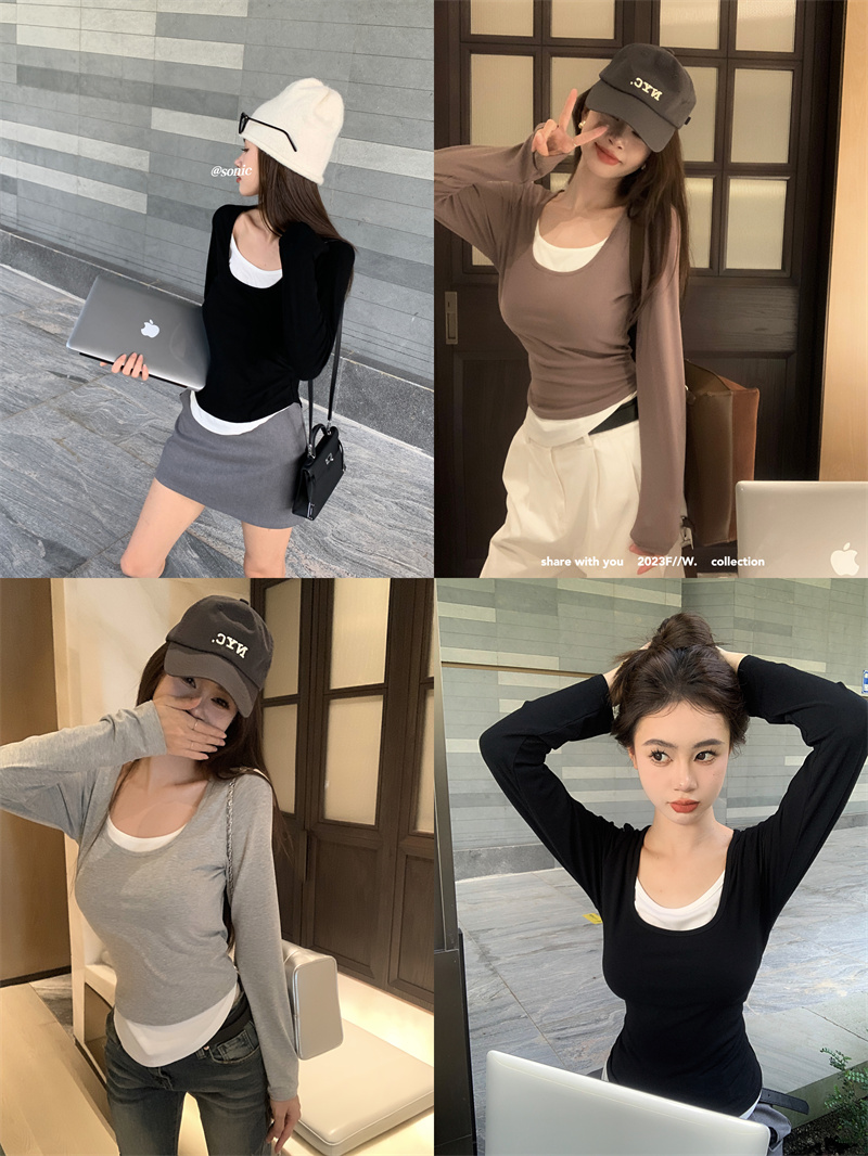 Real shot Qiuboli Contrasting color fake two-piece design T-shirt elastic long-sleeved outer wear inner wear with eyes closed