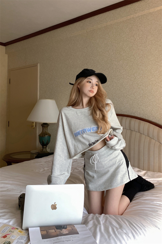 Real shot~Cool sweatshirt suit skirt for women autumn short long-sleeved A-line skirt two-piece casual dress