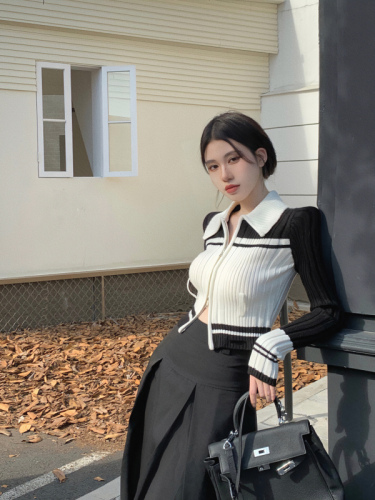 秋季新款韩版学院风翻领撞色条纹显瘦拉链开衫上衣女