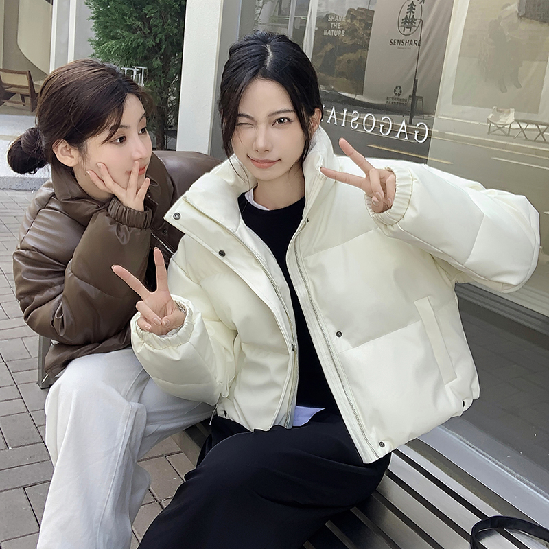 實拍美式復古pu皮棉服女2023冬新款短款時尚寬鬆小個子麵包服外套