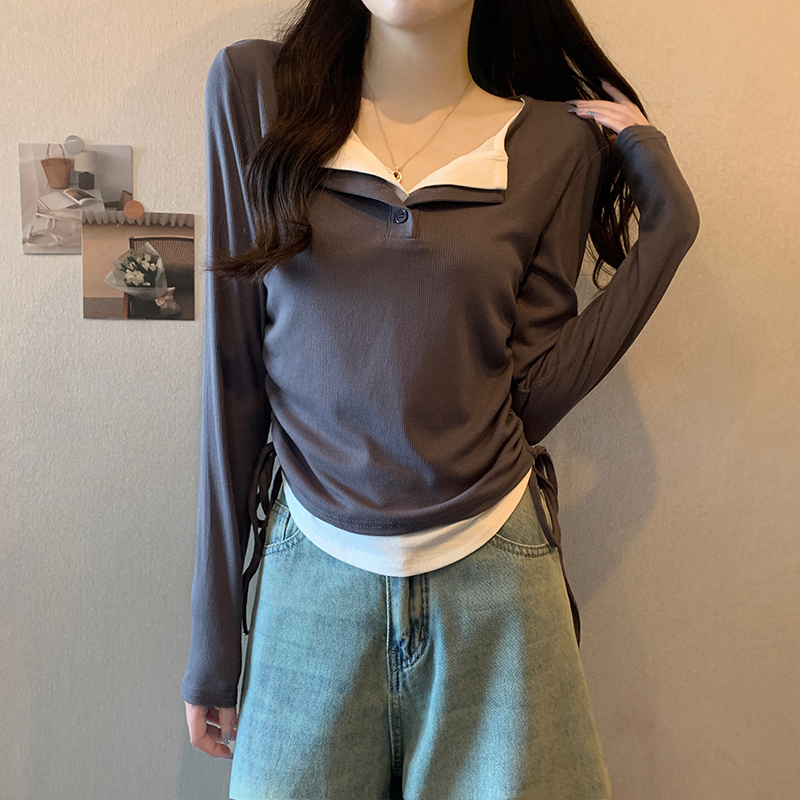 實拍 長袖t恤女潮打底衫短款春秋純色假兩件圓領上衣
