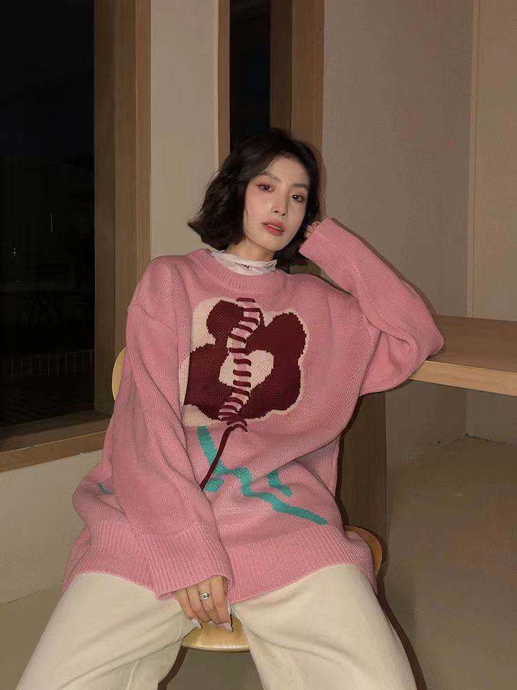 慵懶風寬鬆百搭毛衣女秋季新款美式小眾設計感花朵外穿針織衫ins