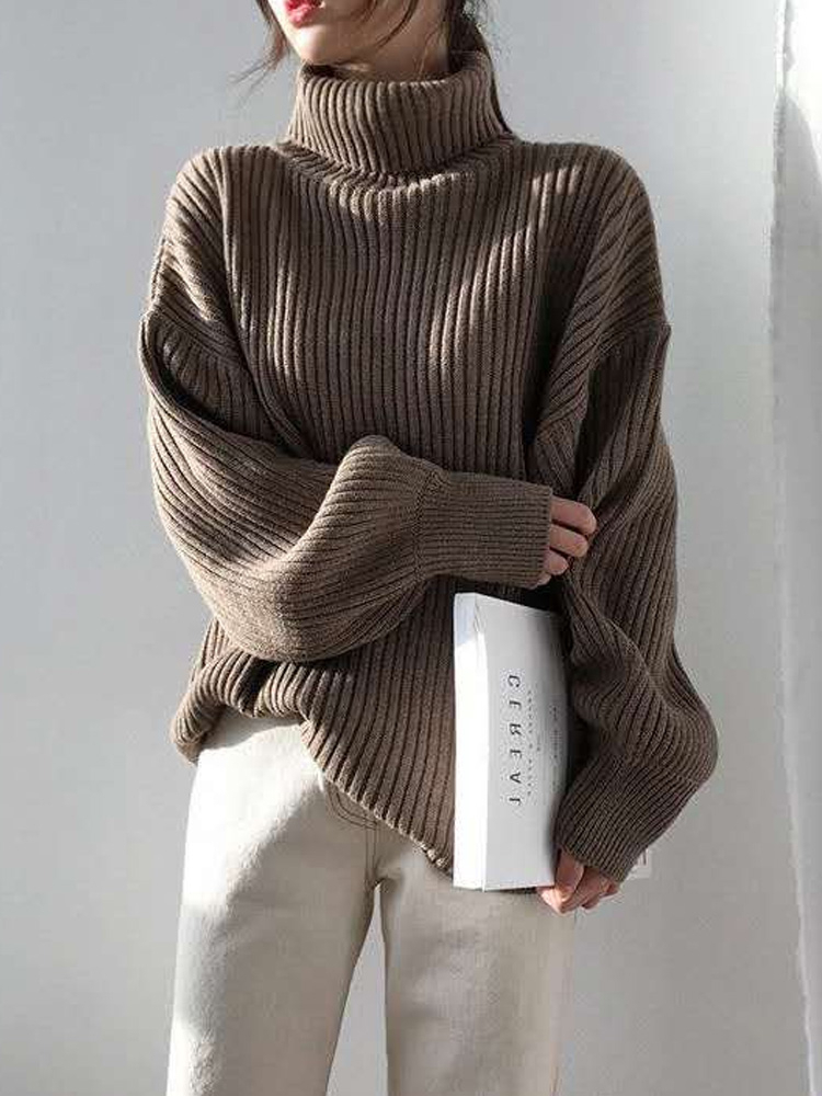 Lazy style turtleneck sweater for women in autumn Korean style retro loose and slim mid-length pullover long-sleeved sweater