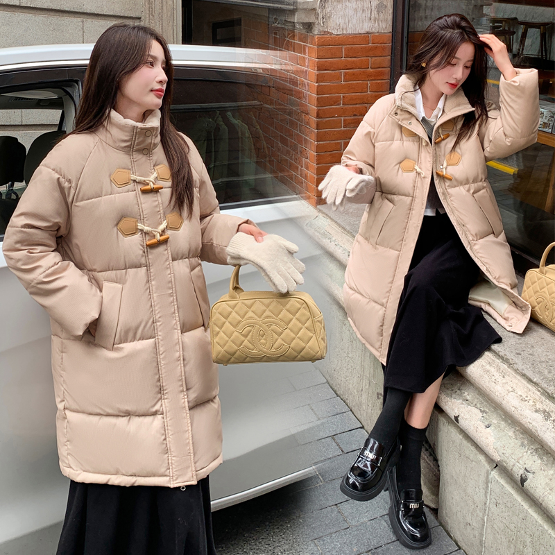 實拍  牛角扣2023新款中長款羽絨棉服女冬寬鬆麵包服棉衣外套