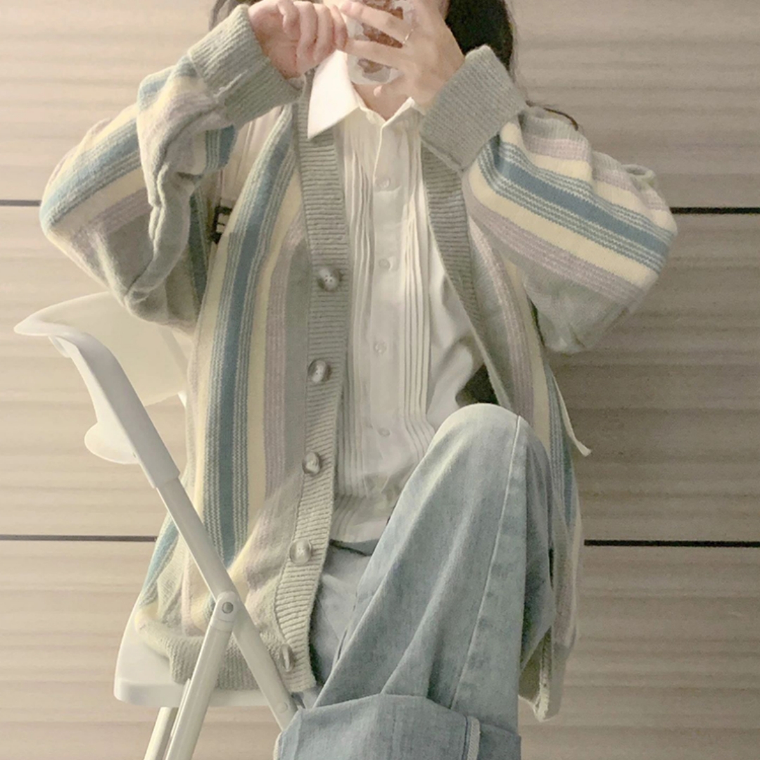 Tea break French retro V-neck cardigan striped sweater women's loose lazy style autumn and winter coat thickened top trendy
