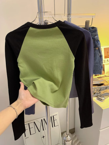 Niche trendy brand color-blocked long-sleeved T-shirt for women  autumn new small slim slimming bottoming shirt top