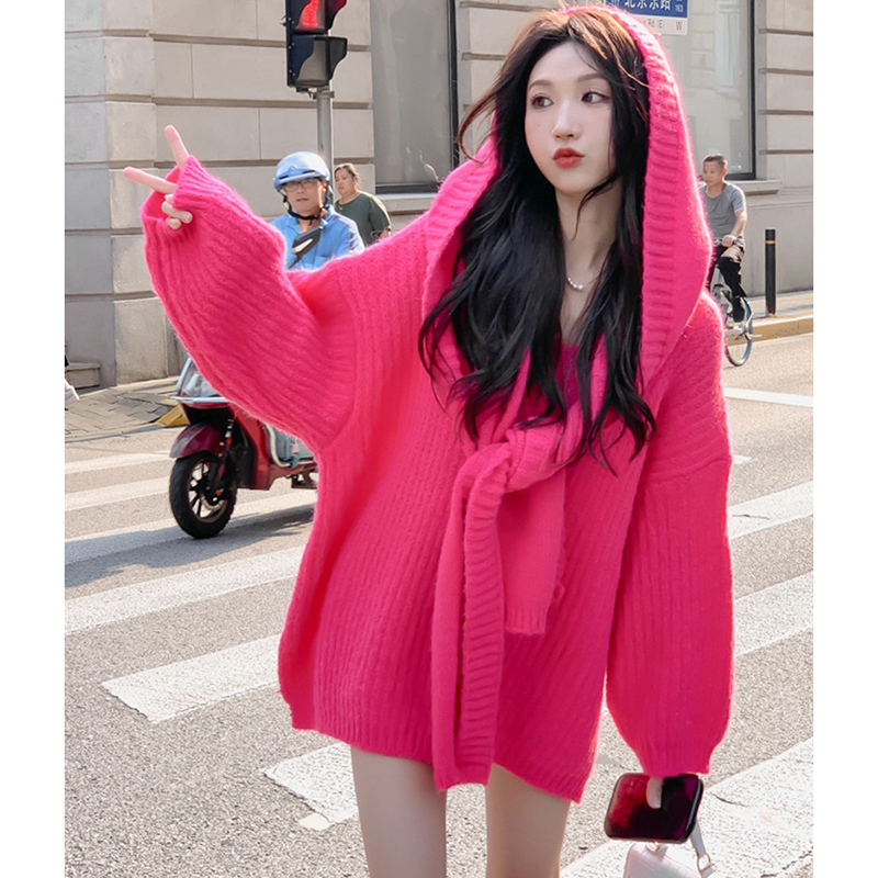 Korean style lazy style shawl hooded sweater for women autumn and winter new French chic design niche long-sleeved sweater